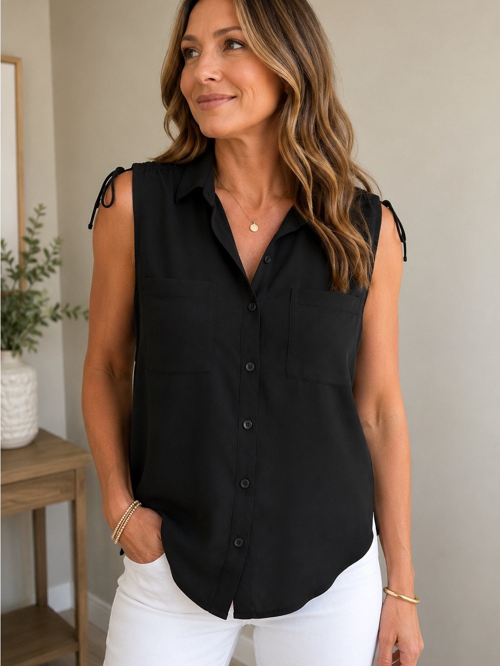 Express Portofino Slim Sleeveless Button-Down Blouse Black Size Small